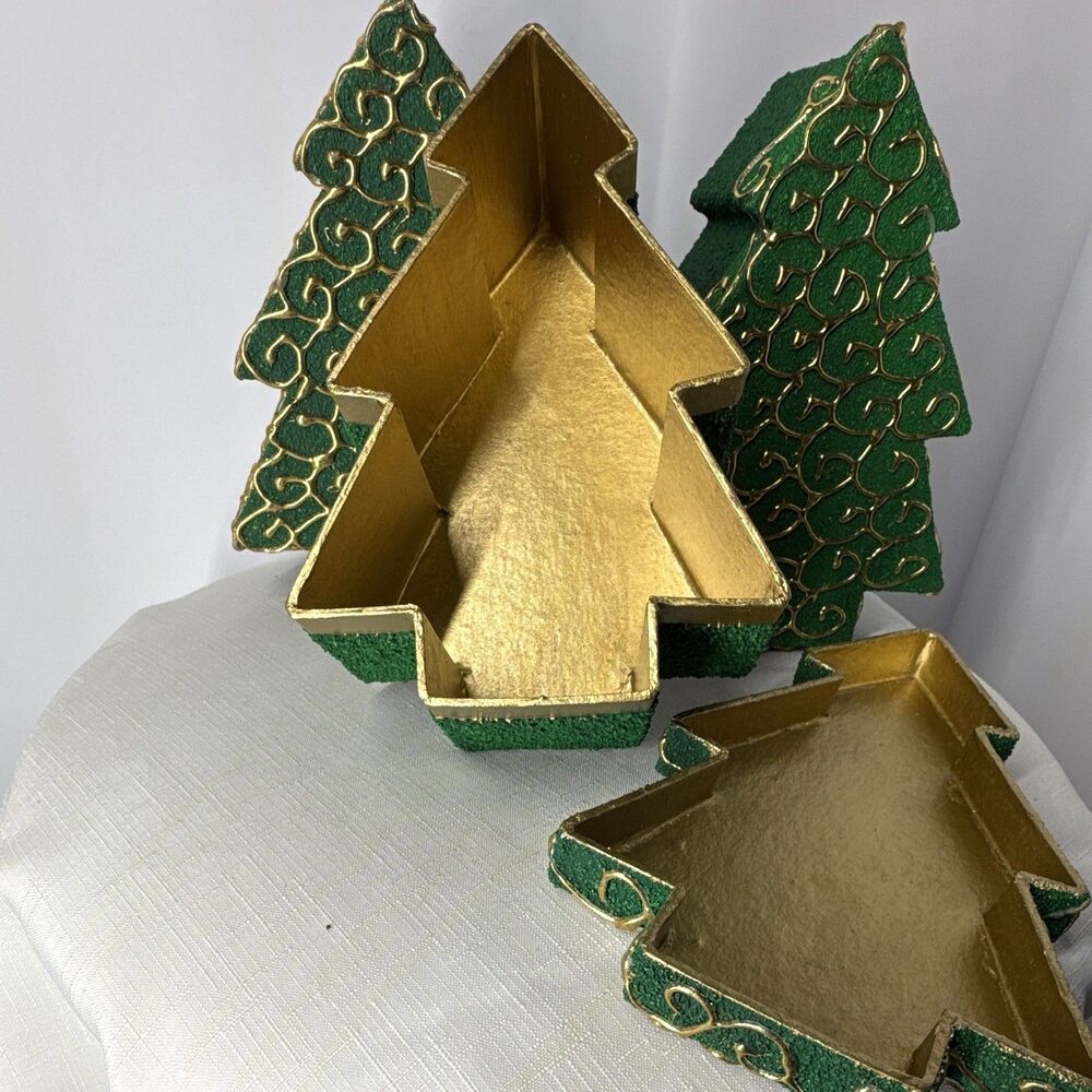 New Set of 3 Christmas Tree Shaped Gift Boxes, Textured Green/Gold Holiday Decor